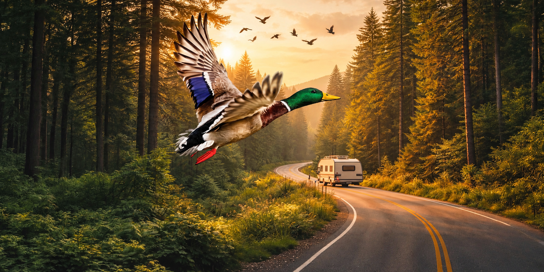 NW Duck RVs artwork: a flying mallard above a winding forest road and RV