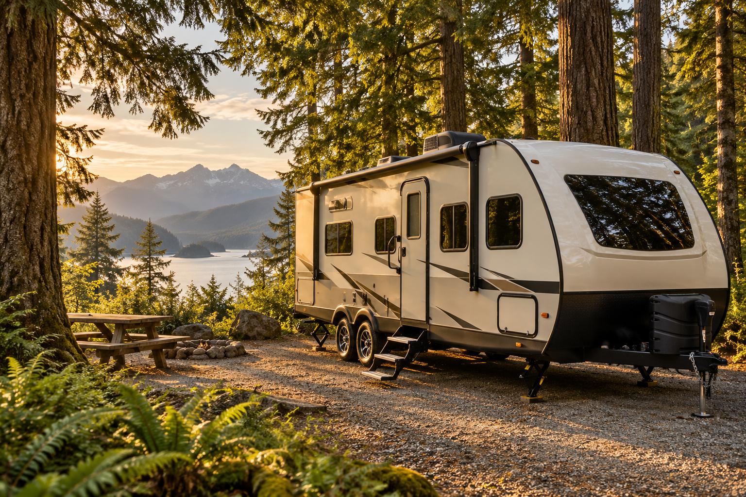 Photo-style scene of a travel trailer at a forest campsite overlooking a lake and mountains